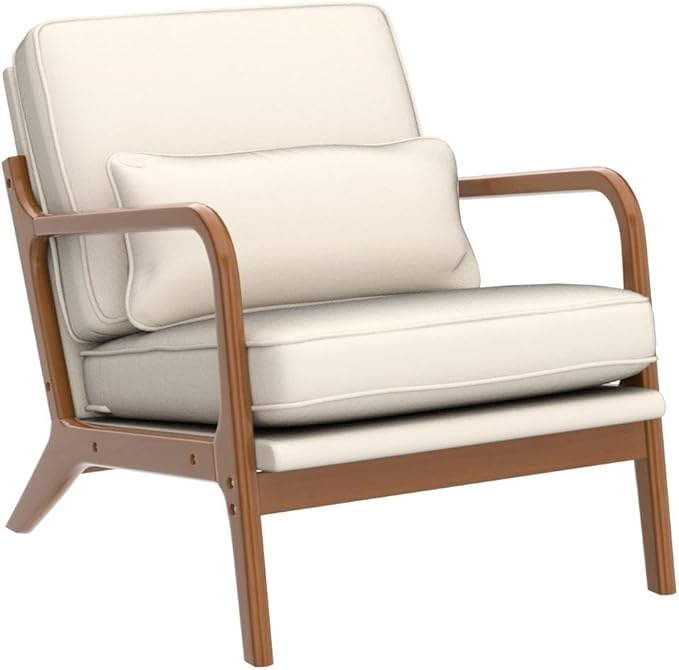 Mid-Century Modern Accent Chair with Pillow, Linen Upholstered Armchair with Solid Wood Frame – Beige