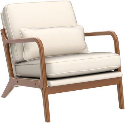 Mid-Century Modern Accent Chair with Pillow, Linen Upholstered Armchair with Solid Wood Frame – Beige