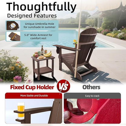 Folding Adirondack Chair with Cup Holder & Umbrella Hole, Weather-Resistant HDPE, Brown