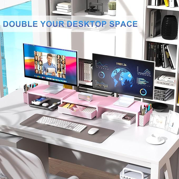 Dual Monitor Stand Riser with Drawer and Pen Holders, Pink Desk Organizer