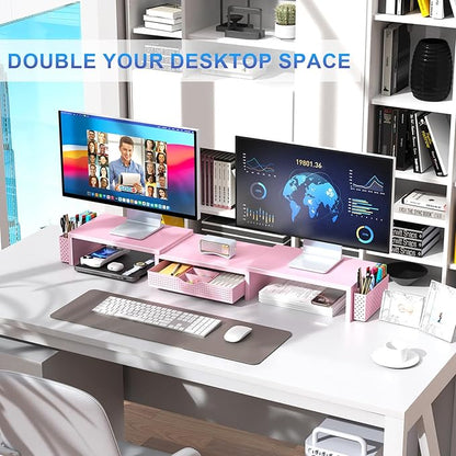 Dual Monitor Stand Riser with Drawer and Pen Holders, Pink Desk Organizer