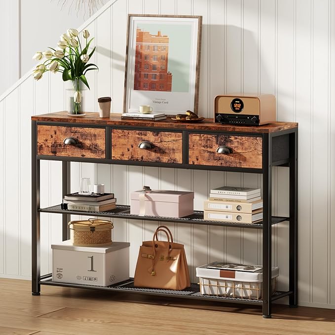 Console Table with 3 Drawers and Storage Shelves, Rustic Brown Entryway Table for Living Room or Hallway