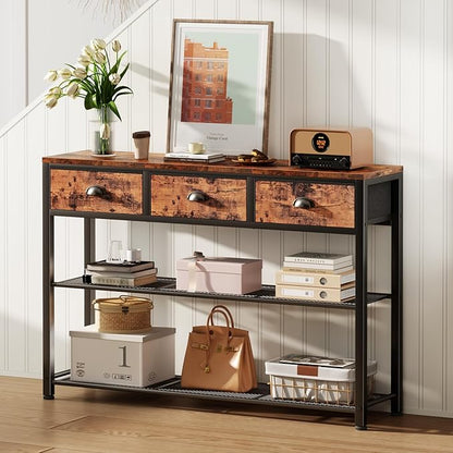 Console Table with 3 Drawers and Storage Shelves, Rustic Brown Entryway Table for Living Room or Hallway
