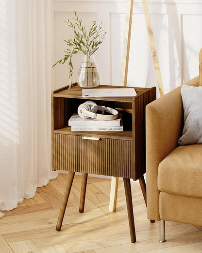 Modern Nightstand with Drawer and Open Shelf, Bedside Table for Bedroom, Living Room, or Small Spaces, Walnut Brown