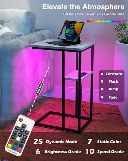 Side Table Set of 2, C-Shaped End Tables with USB Charging & LED Light, Small Sofa Laptop & Snack Tables, White