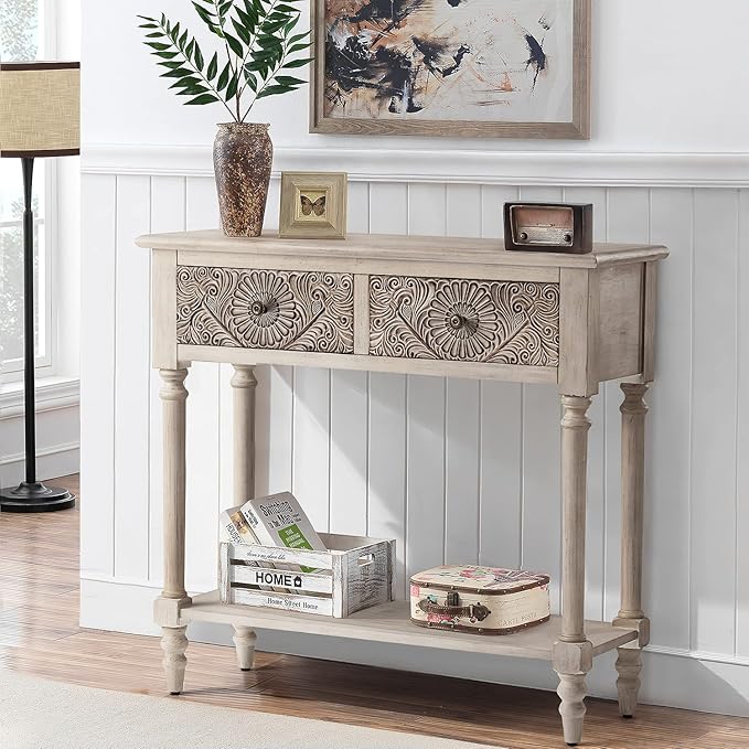 Narrow Console Table with 2 Drawers and Shelf, Entryway or Sofa Table, Light Grey