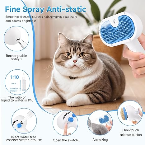 3-in-1 Pet Steam Grooming Brush – Hair Removal & Self-Cleaning for Dogs & Cats, Blue