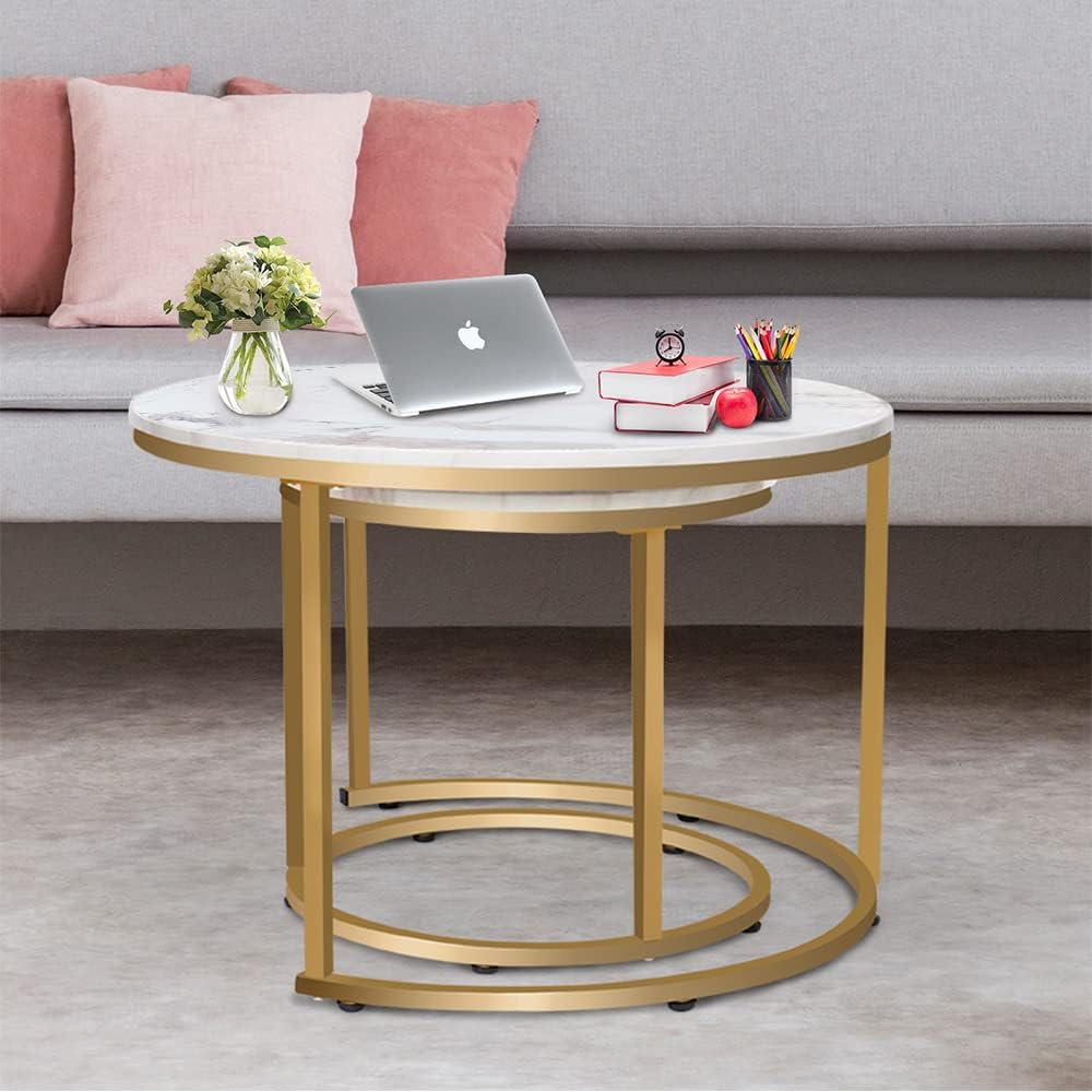 Nesting Coffee Table Set of 2, Round Marble Pattern with Gold Frame for Living Room & Bedroom