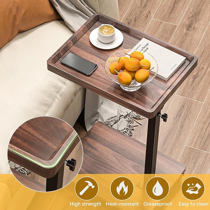 Adjustable C-Shaped End Table with Swivel TV Tray – Walnut Brown