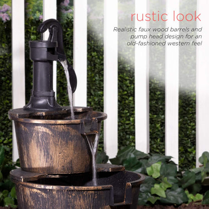 Outdoor Rustic 2-Tier Barrel Water Fountain with Pump, Bronze Finish, 27"