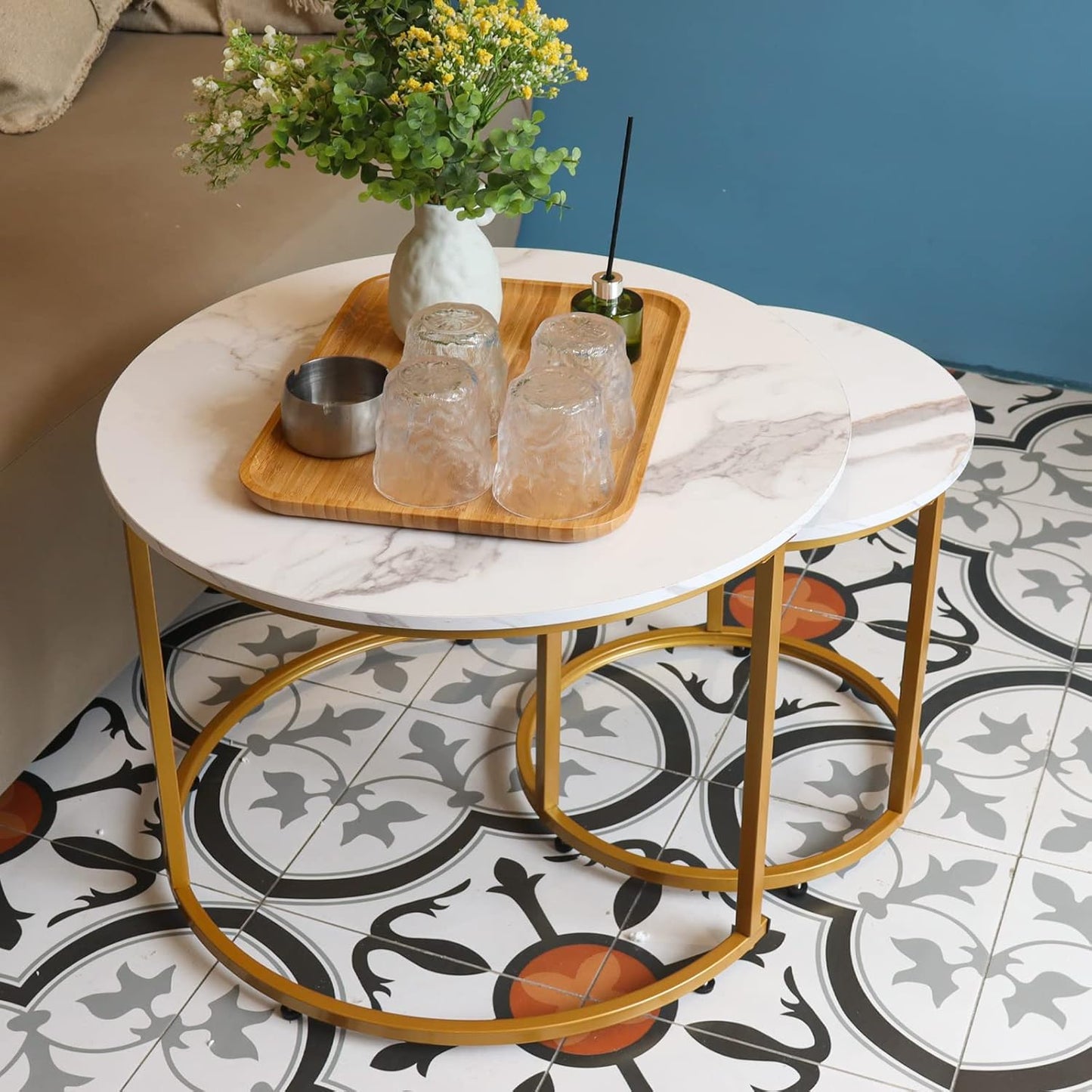 Nesting Coffee Table Set of 2, Round Marble Pattern with Gold Frame for Living Room & Bedroom
