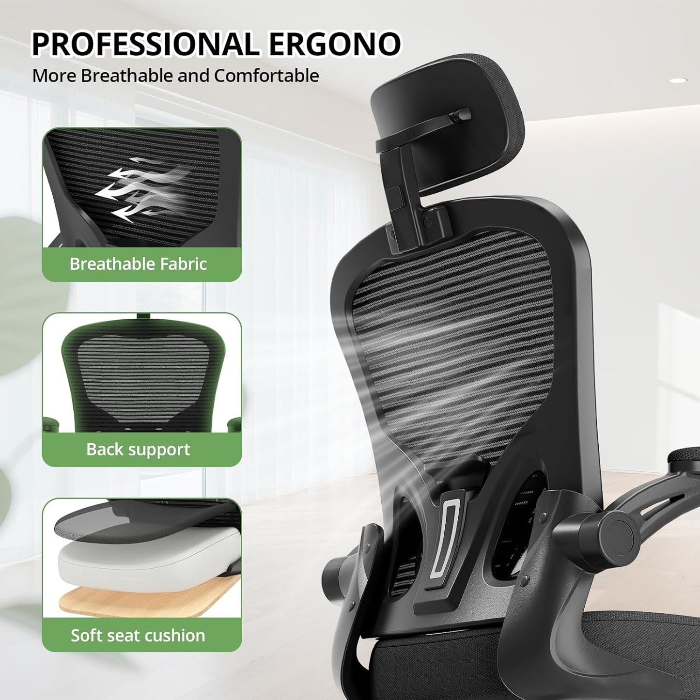 Ergonomic Office Chair, High Back Computer Chair with Flip-Up Armrests, Black