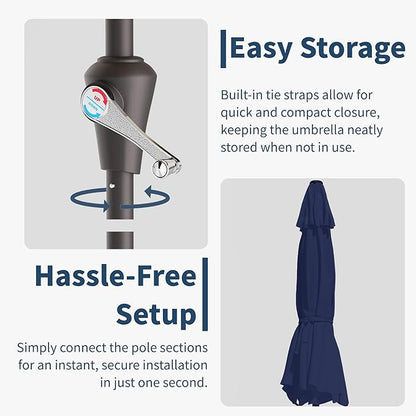 15FT Double-Sided Patio Umbrella with Base – Large Outdoor Market Canopy with Crank Handle, UV Resistant, Navy Blue