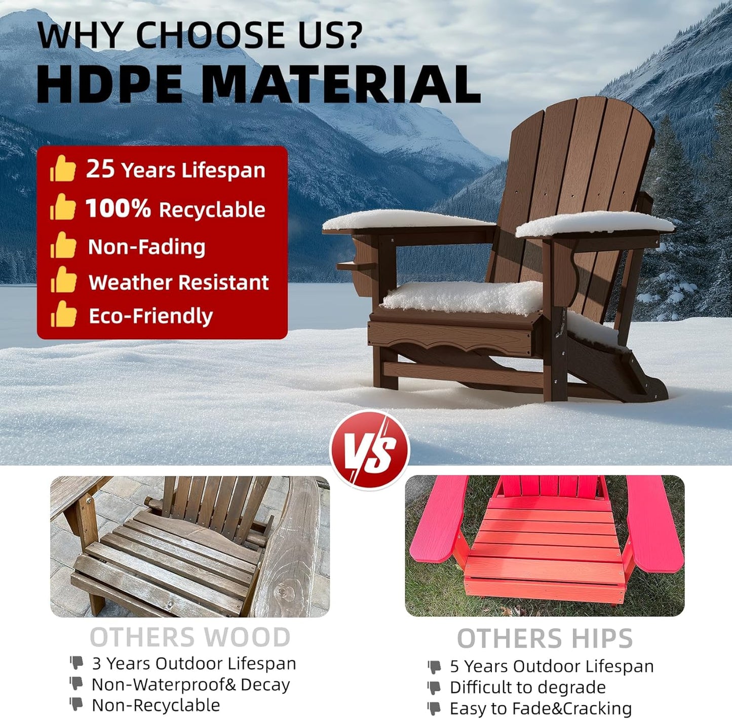 Folding Adirondack Chair with Cup Holder & Umbrella Hole, Weather-Resistant HDPE, Brown