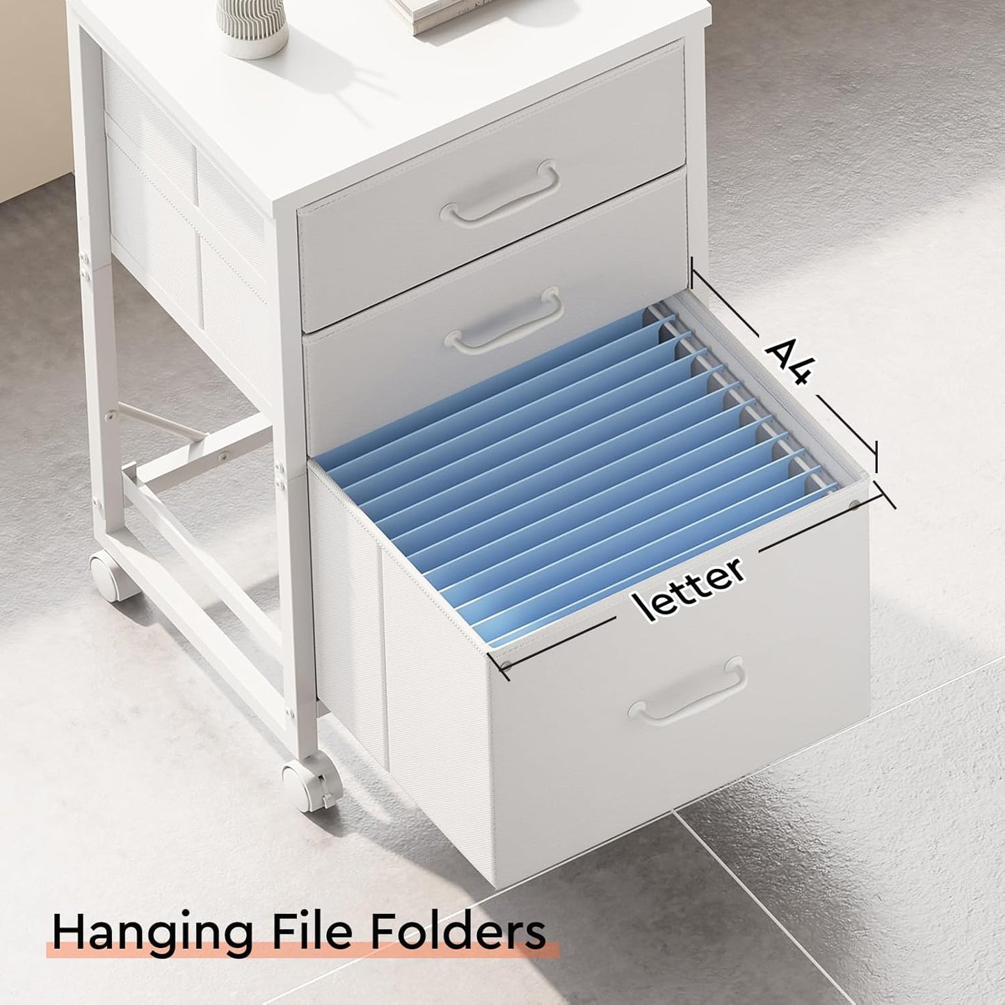 3-Drawer Mobile Fabric File Cabinet with Wheels – A4/Letter Size, White
