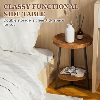 Round End Table with Storage Shelf – 2-Tier Farmhouse Side Table for Living Room & Bedroom, Brown