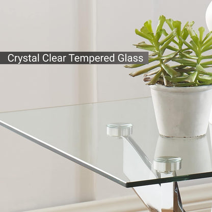 Square Glass Side Table with Metal Legs, Silver, 20”x20”x22”