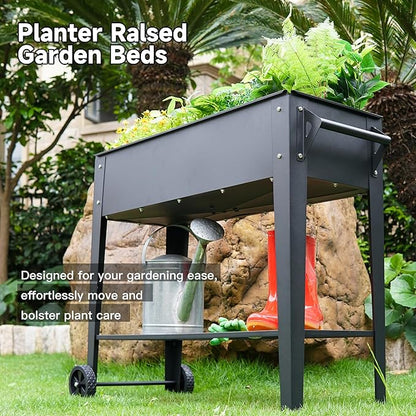 Raised Garden Bed with Wheels & Shelf, 32" Tall Steel Planter Box for Vegetables & Herbs, 400 lbs Capacity