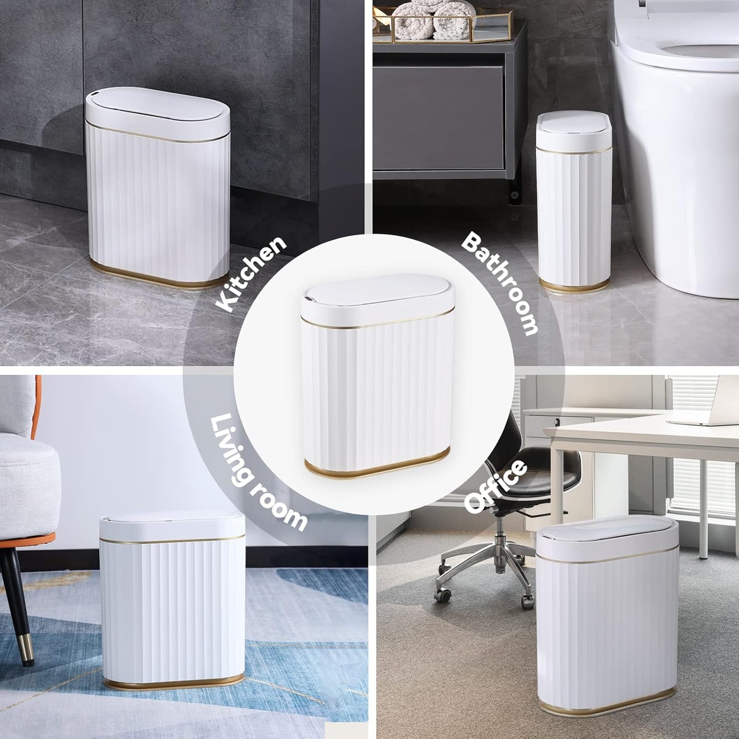 Automatic Motion Sensor Trash Can, 2 Gallon Slim Slimline Bin for Bathroom, Bedroom, Kitchen, Office – White with Gold Trim