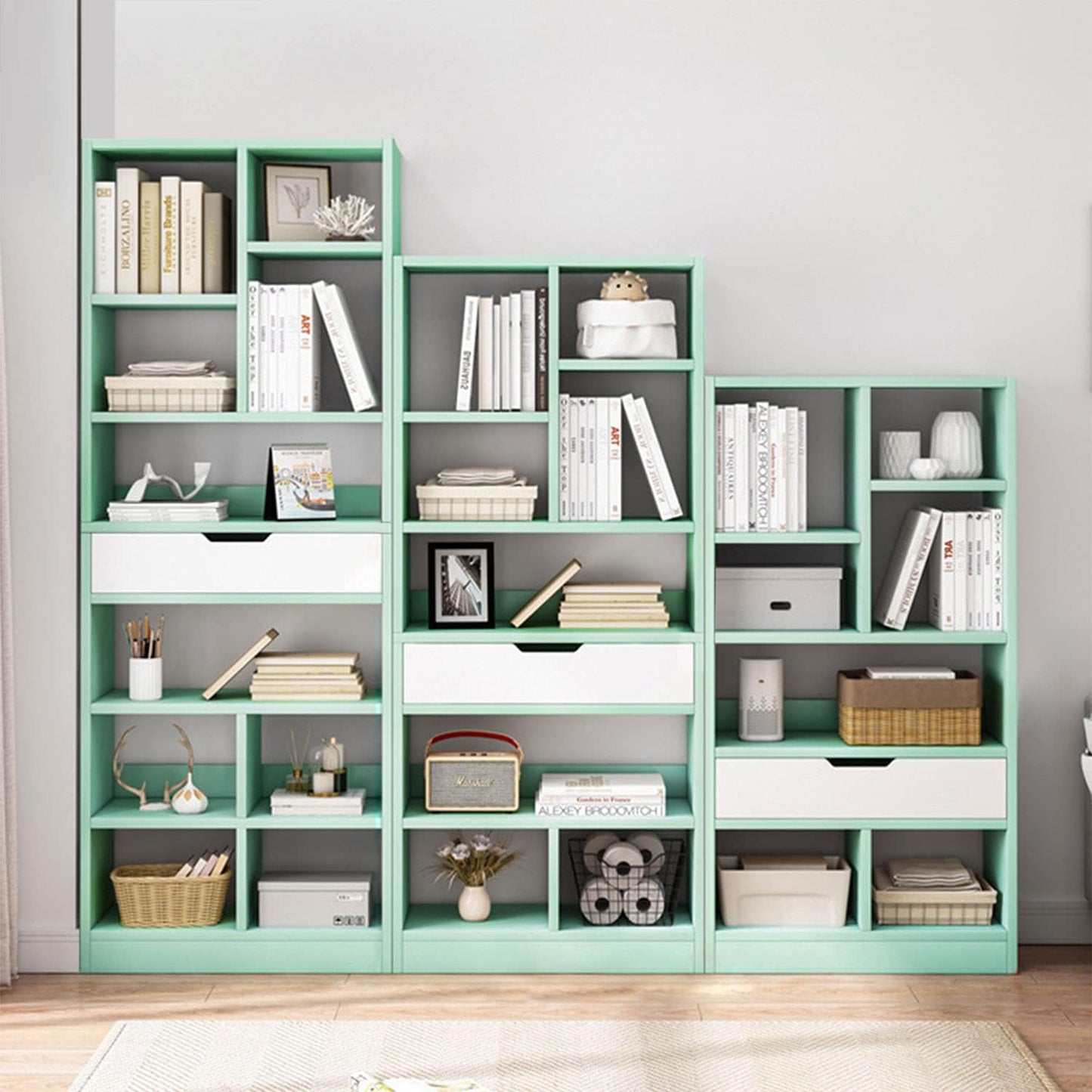 Wooden 8-Cube Bookcase with Drawer, Freestanding Storage Cabinet Organizer, Tiffany Green