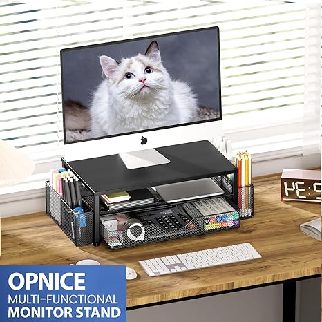 2-Tier Monitor Stand Riser with Drawer and Pen Holders – Desk Organizer and Laptop Stand for Office Supplies (Black)