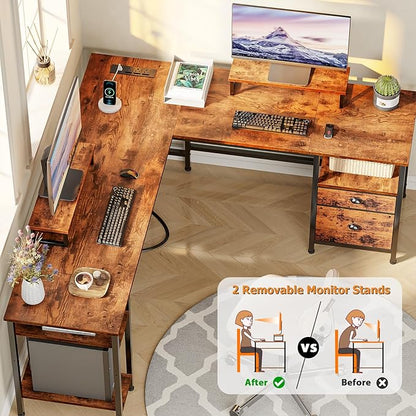 L-Shaped Computer Desk with Power Outlet, File Drawer, Monitor Stands & Storage Shelves for Home Office or Gaming