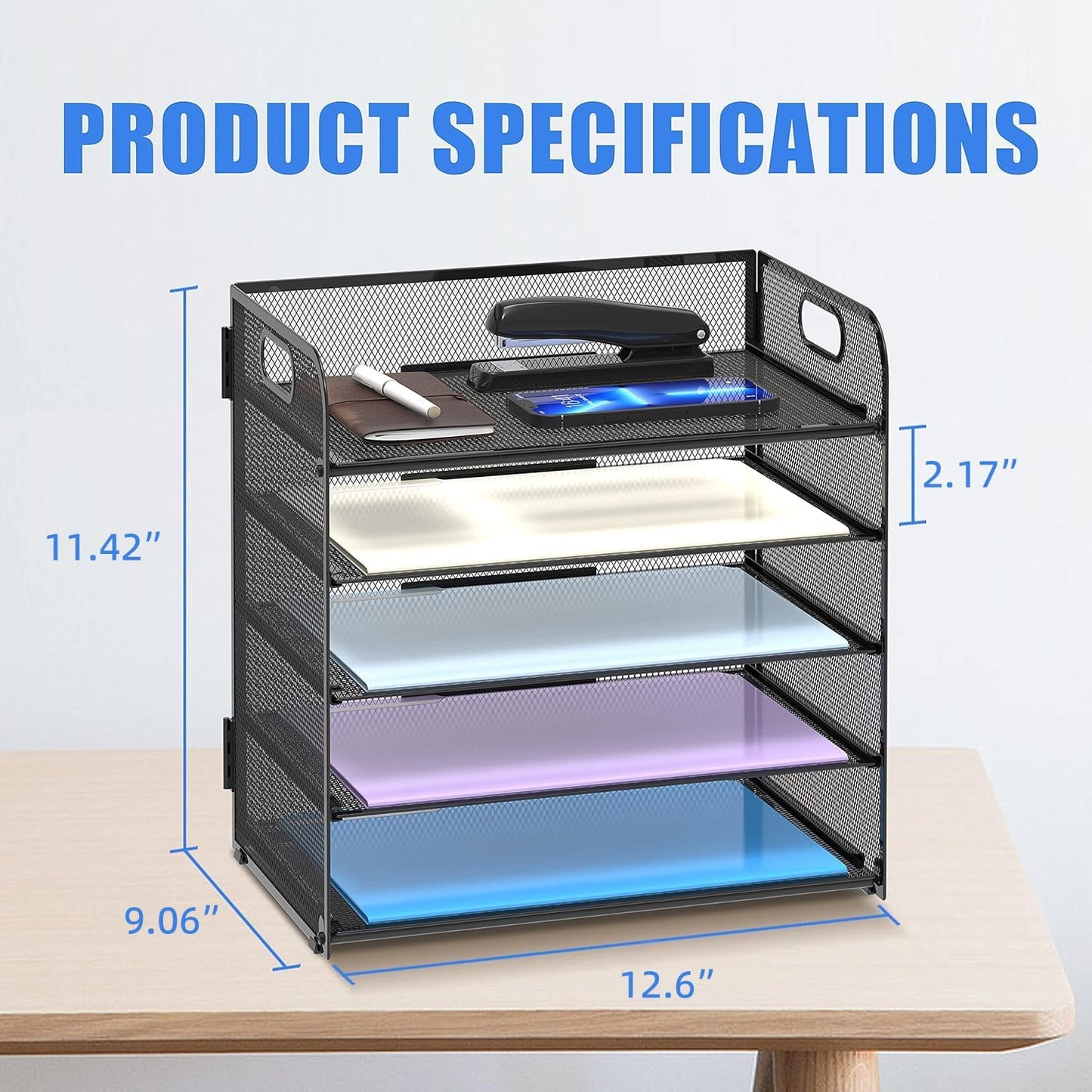 5-Tier Mesh Paper Organizer with Handle – Desk File and Letter Tray for Office, Home, or School