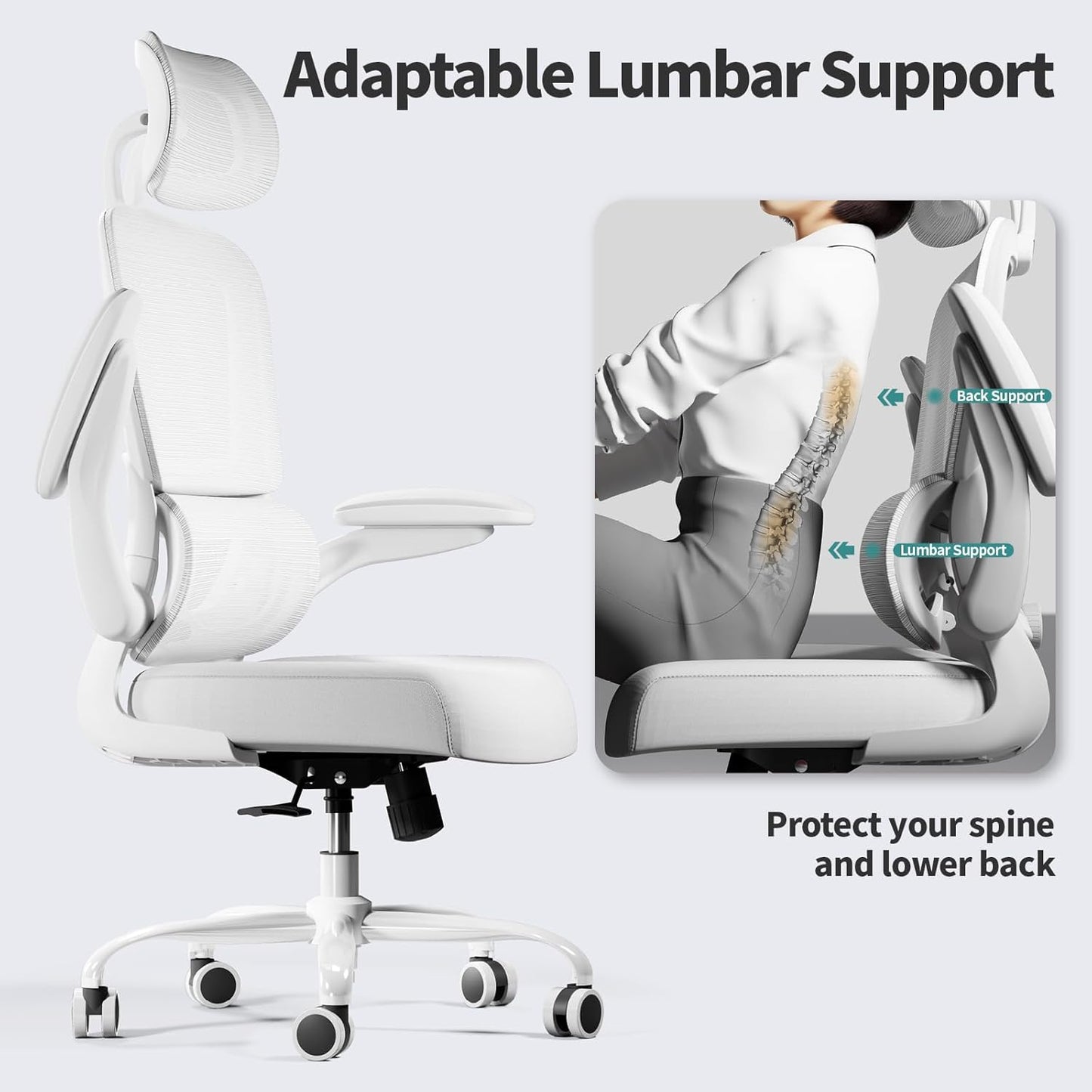 Ergonomic Mesh Office Chair with Wheels, High Back Desk Chair for Home or Gaming, 330 lbs Capacity – White