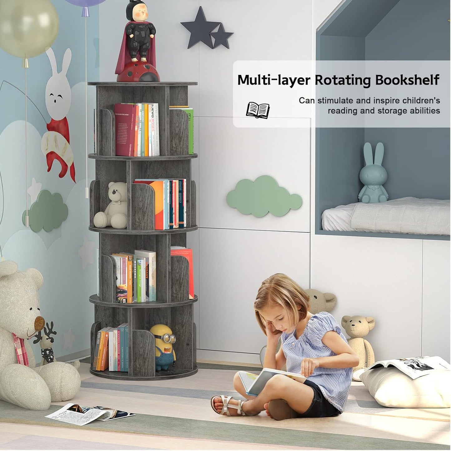 Rotating 4-Tier Bookshelf, 360° Corner Bookcase Storage Rack for Small Spaces, Grey Oak