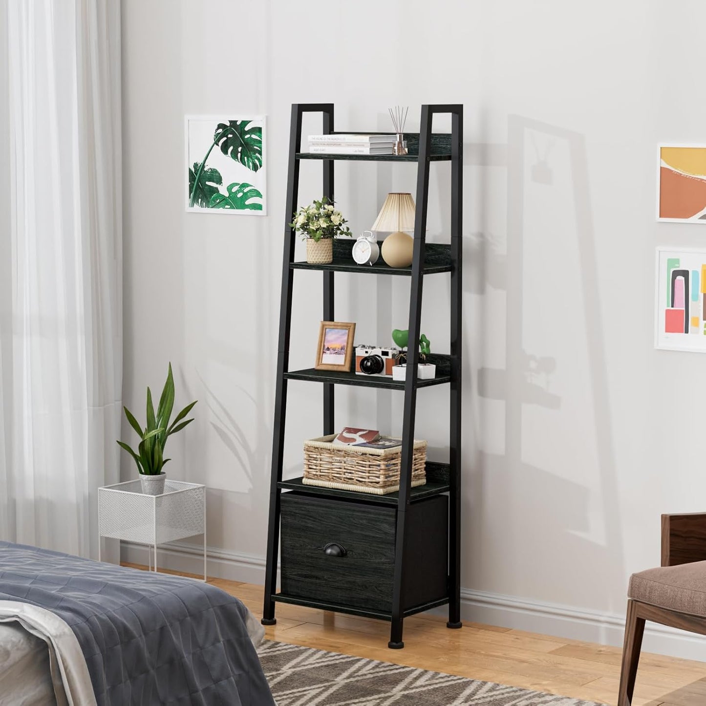 5-Tier Ladder Shelf with Drawer, Tall Narrow Bookshelf Storage Rack for Living Room, Bedroom, Home Office – Black Oak