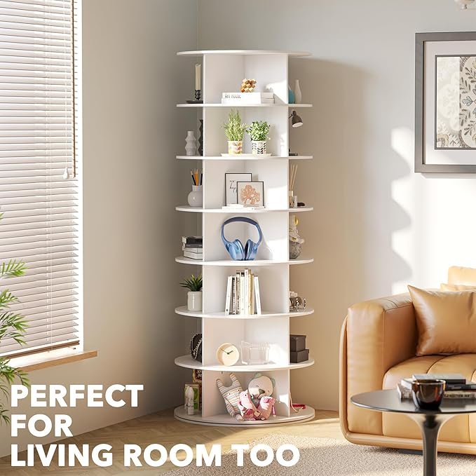 7-Tier Rotating Shoe Rack Tower, 360° Spinning Shoe Organizer Carousel for Closet Storage, White