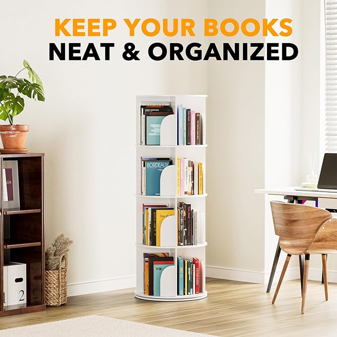 4-Tier Rotating Bookshelf Tower, 360° Spinning Bookcase Carousel Organizer – White