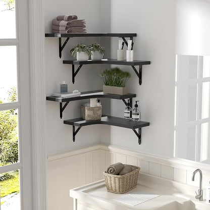 Corner Floating Shelves Set of 4 – Rustic Wood Wall Storage & Display (Black)