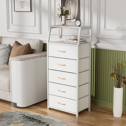White 5-Drawer Fabric Dresser with Wood Top and Steel Frame, Vertical Storage Tower for Bedroom and Closet