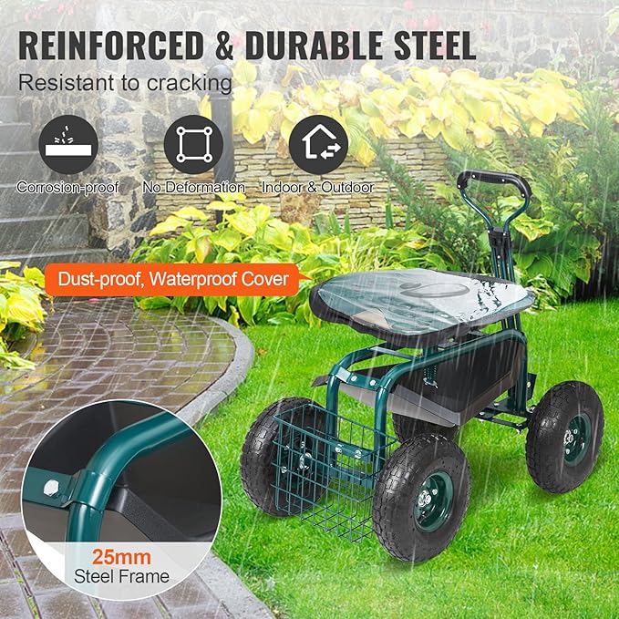 Rolling Garden Cart with Swivel Seat, Wheels & Tool Tray – Green