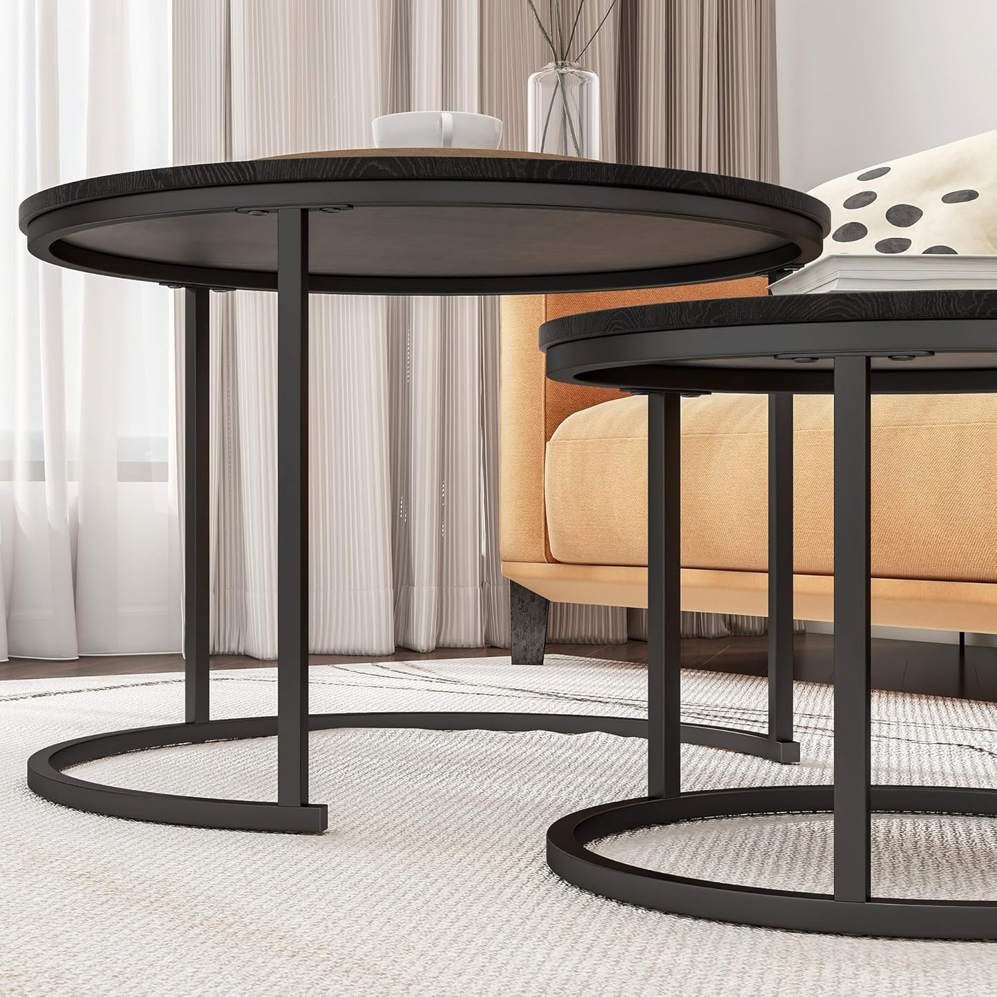 Round Nesting Coffee Table Set of 2 – Living Room End Tables with Metal Frame, Black
