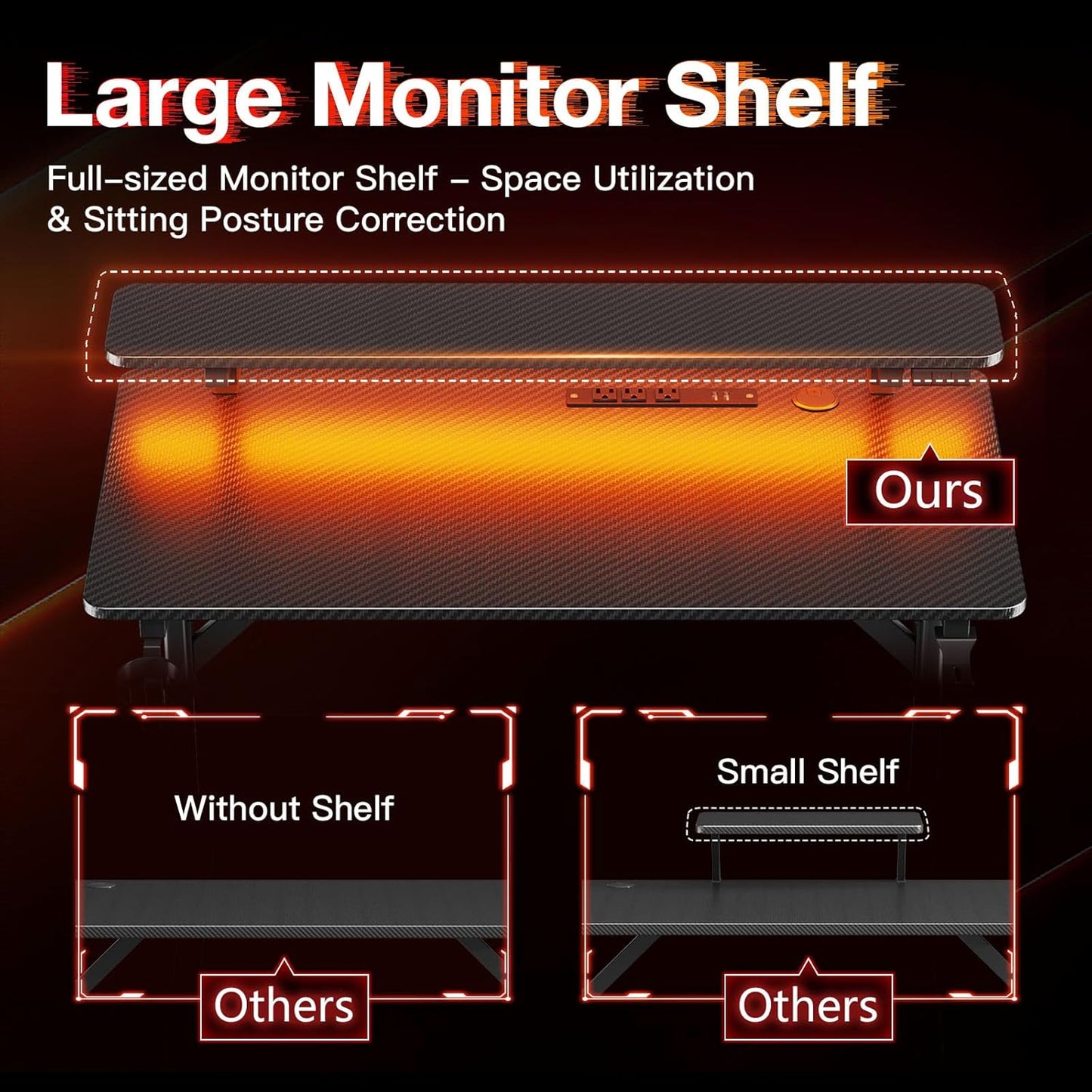 32" Gaming Desk with LED Lights, Power Outlets & Monitor Shelf, Carbon Fiber Texture