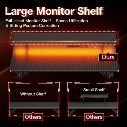 32" Gaming Desk with LED Lights, Power Outlets & Monitor Shelf, Carbon Fiber Texture