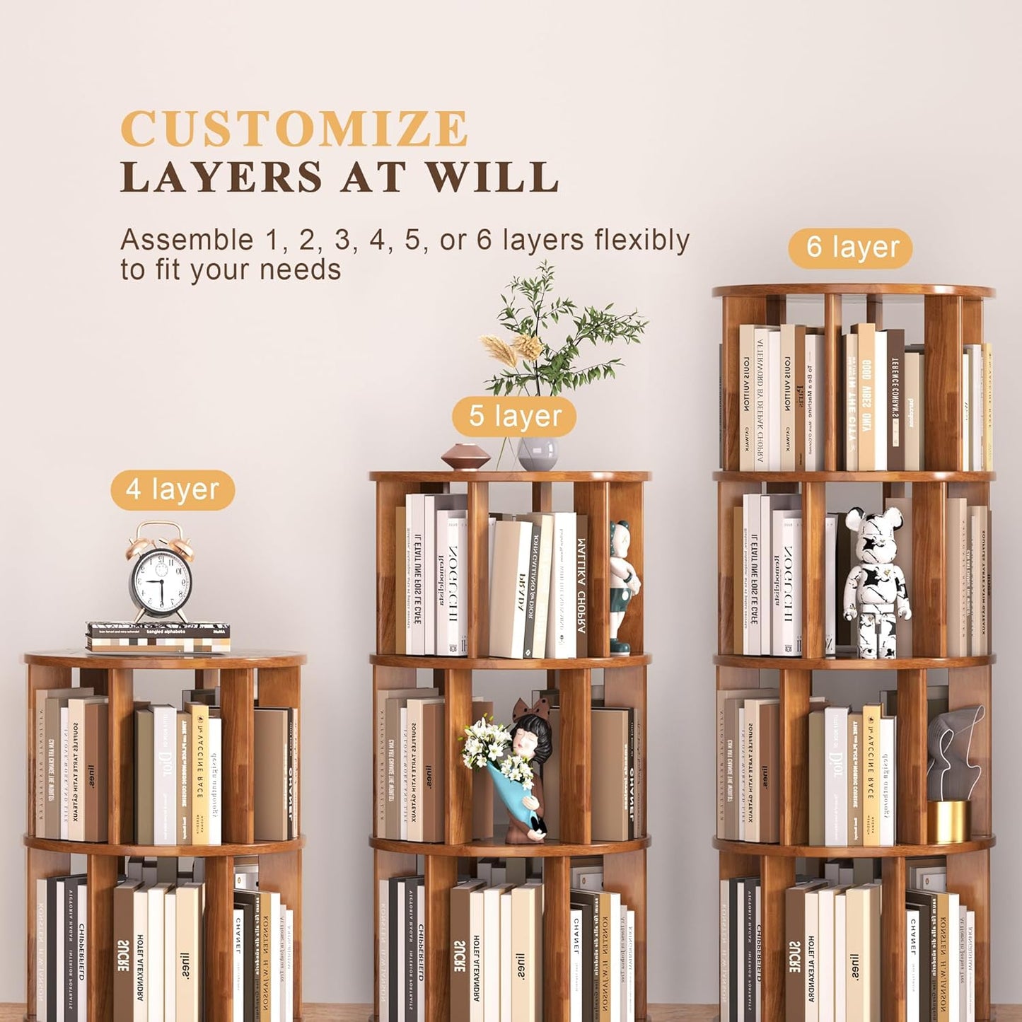 6-Tier Rotating Bookshelf with Wheels, Space-Saving Wooden Bookcase Tower