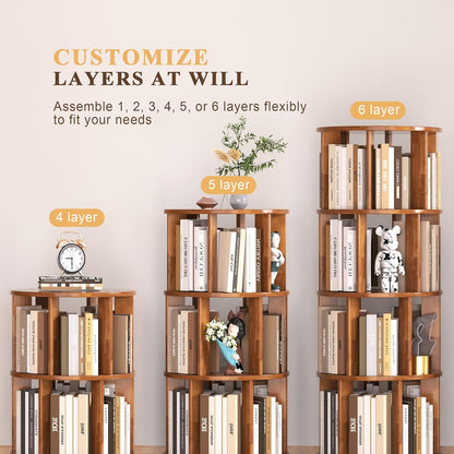 6-Tier Rotating Bookshelf with Wheels, Space-Saving Wooden Bookcase Tower
