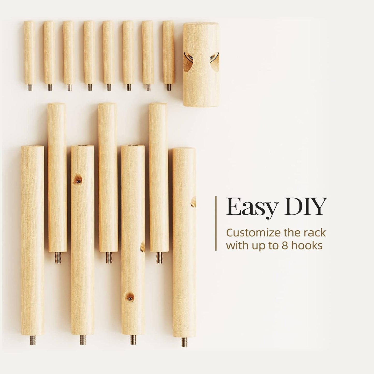 Wooden Coat Rack Stand with Adjustable Height and 8 Hooks for Entryway, Bedroom, or Office