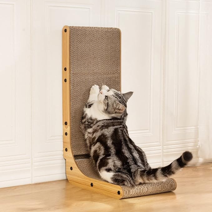 L-Shaped Cat Scratcher, 26.8" Cardboard Scratching Pad with Ball Toy & Catnip, Furniture Protector for Indoor Cats, Large