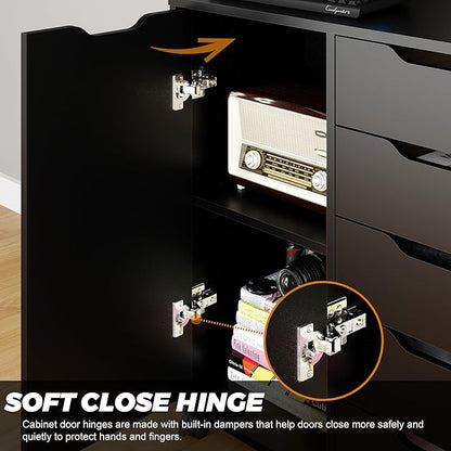 5-Drawer Chest with Door – Wooden Storage Dresser Cabinet on Wheels, Black