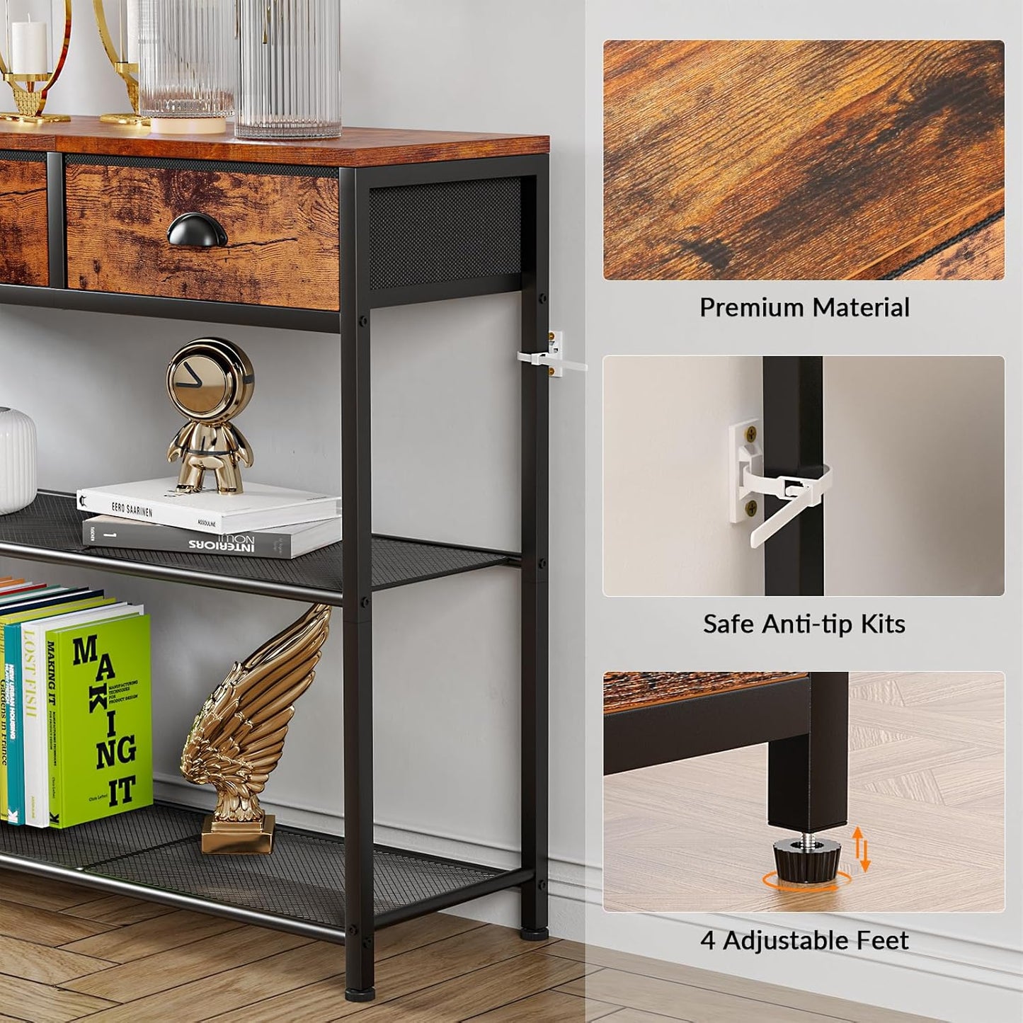 Console Table with 3 Drawers and Storage Shelves, Rustic Brown Entryway Table for Living Room or Hallway