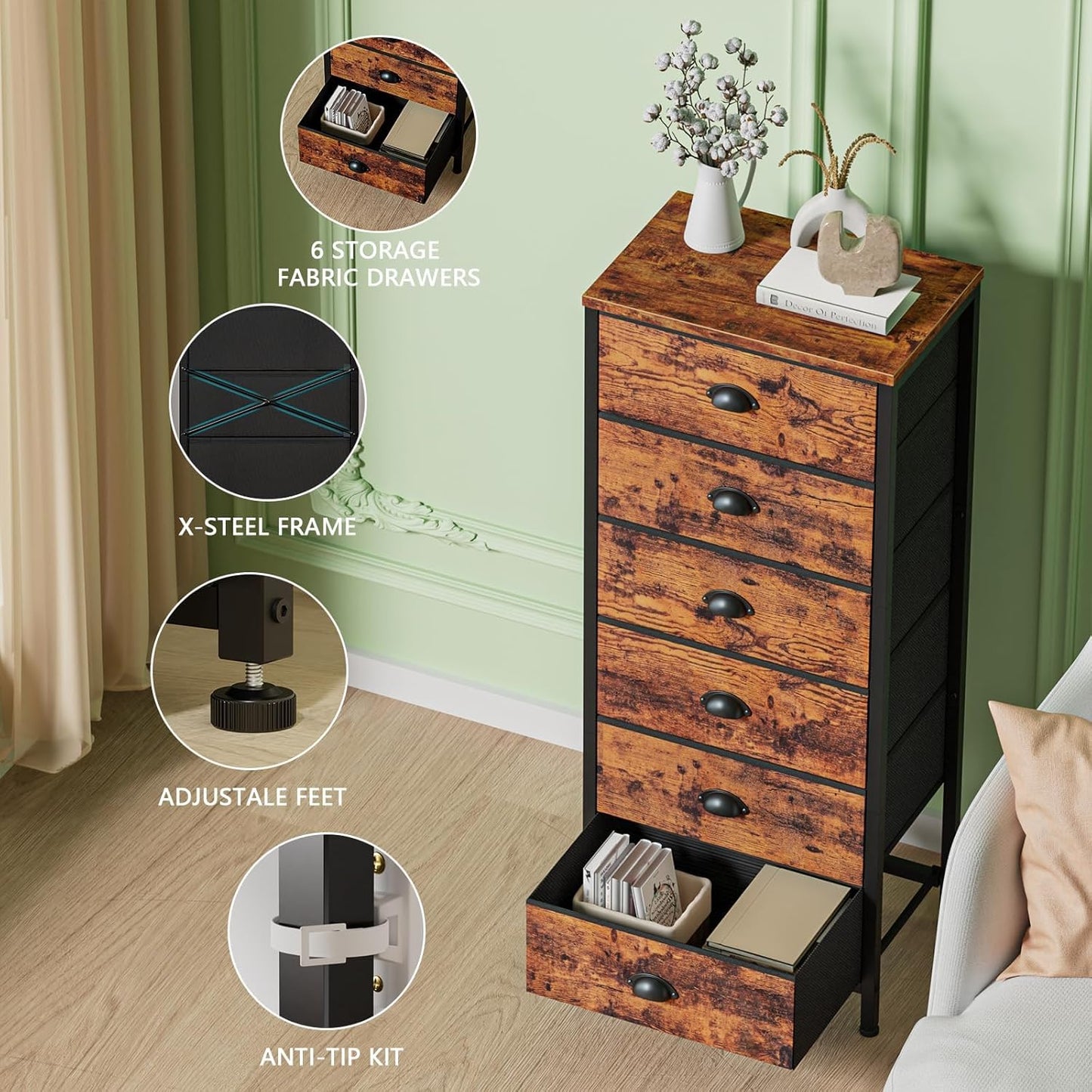 Tall Dresser with 6 Drawers, Fabric Storage Organizer for Bedroom, Living Room, Closet, Entryway (Rustic Brown)