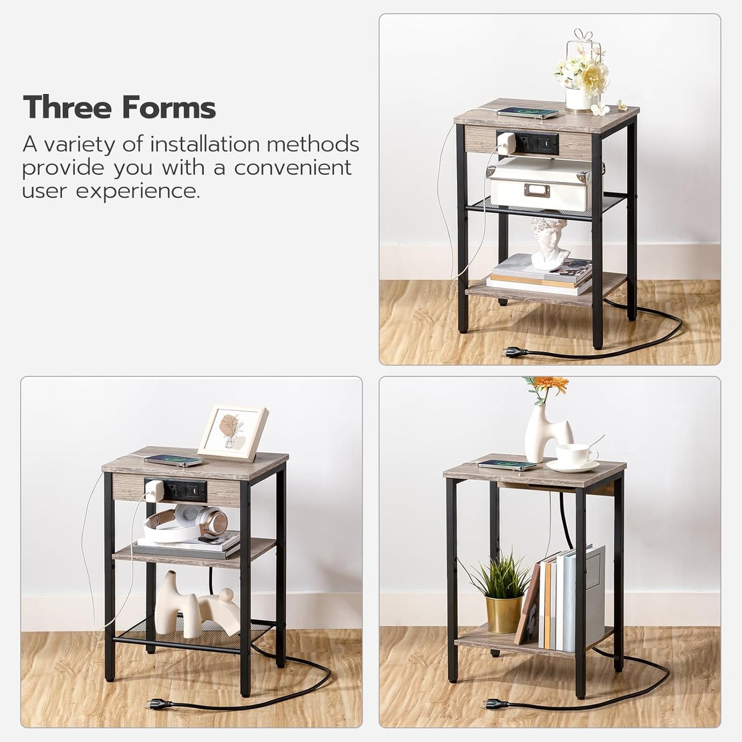 Set of 2 End Tables with Charging Station, 3-Tier Nightstands with USB Ports