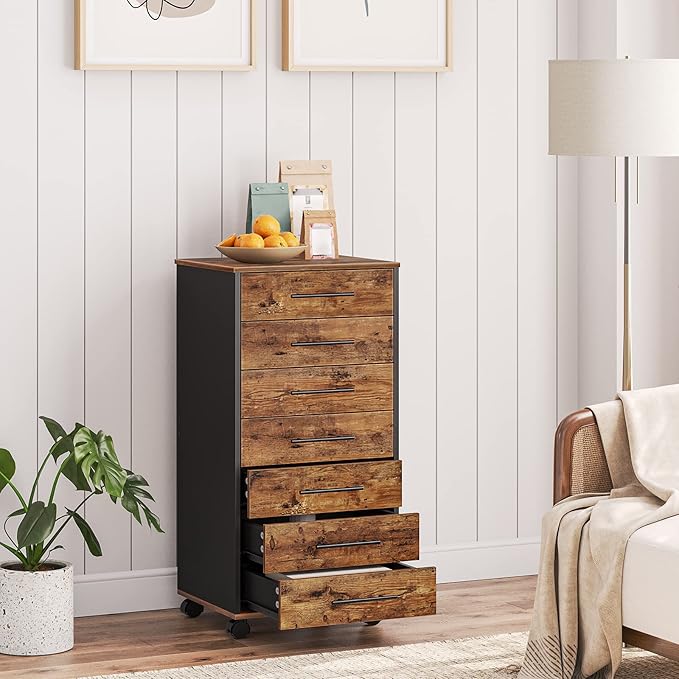7-Drawer Wooden File Cabinet with Mobile Storage – Rustic Brown & Black