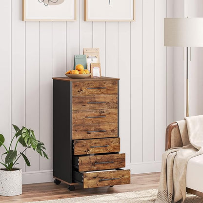 7-Drawer Wooden File Cabinet with Mobile Storage – Rustic Brown & Black
