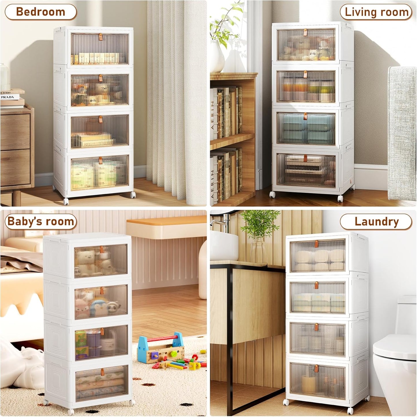 Stackable 4-Tier Storage Bins with Lids and Wheels, Foldable Plastic Containers for Home & Office