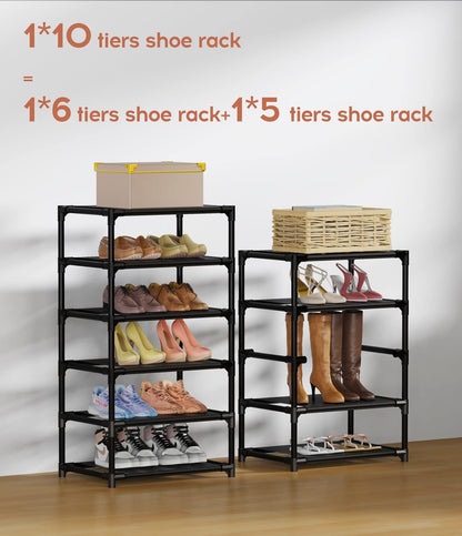 10-Tier Vertical Shoe Rack with Dust Cover – Tall Narrow Closet Organizer, Black